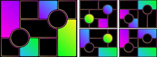 Brutalist background bento box grid. Photo post template layout. Presentation slide moodboard design. Brochure collage rectangular style gallery. Round shape modular mosaic hierarchy. Comic poster y2k vector