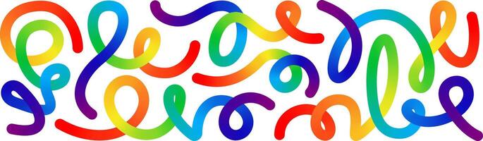 Abstract line shape, color gradient curvy object background. 3d graphic pattern arow element. Happy birthday confetti curly waves design. Thick fluid liquid paint change path. Long spiral swirl vector