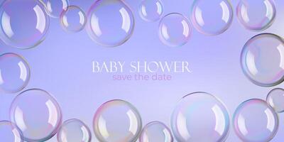 Soap bubbles in purple water, 3d background. White reflections on big spheres and pink circles blown by wand. Rainbow iridescent round shaped ball. Glass mirror foam flare in air vector