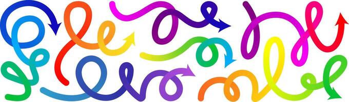 Gradient line arrow set. Curved shape doodle icon element, gradation squiggly brush bg. Up and down direction scribble stroke carnival pattern. Change plan graphic sign, color circle curly bold vector