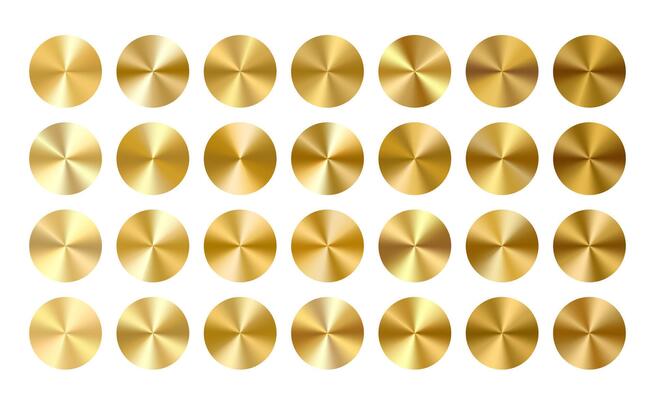 Gold color radial medal shield. Metal circle coin. award badge round button. 3d brushed disk surface texture. Anniversary seal frame label. Circular gradient sticker texture. First prize tag