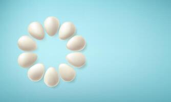 Blank white egg render, blue color carton background. Happy Easter hen chicken, duck cook package, 3d food . Yolk bead, pure shell, farm protein concept. Round layout, organic breakfast. vector