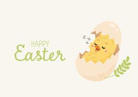 Cute Easter Chick Sleeping in Egg Shell banner card vector
