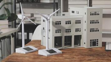 A model of a building with wind turbines on it video