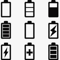 Battery and charge icons black and white. Battery level indicator icons in simple outline design. vector