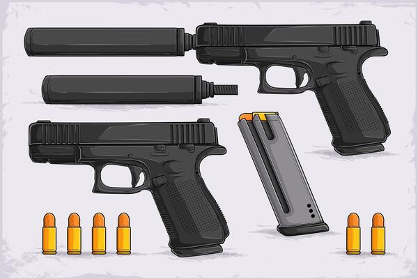 Hand drawn 9mm fire arms with silencers, gun magazine and golden bullets for fighting against the crime