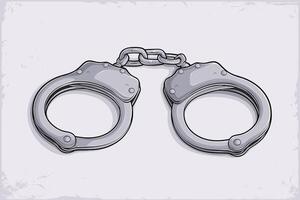 Hand drawn metallic handcuffs, metal fastening cuffs connected by a chain for security and society justice vector