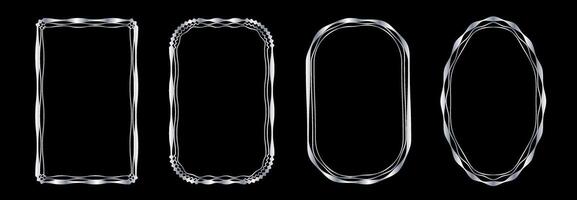 Set of exquisite silver frames with wavy lines and patterns.four different shapes of metal on a black background vector