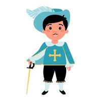 Boy dressed in a musketeer costume and holding a sword in his hands. vector