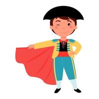 Boy dressed in a matador costume and holding a red cloth. vector