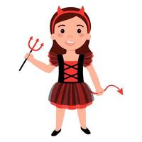 Girl dressed in a devil costume and holding a tail and a trident in her hands. vector