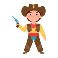 Boy dressed in a cowboy costume, a sheriff and holding a gun in his hands. vector