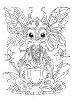 Alien sitting hugging a flower in a pot. Coloring page. vector