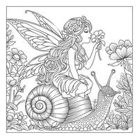 Coloring page. A cute fairy with wings sits on a snail and smells a flower. vector