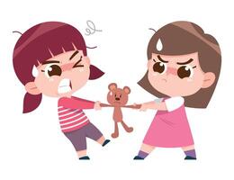 A lively and expressive digital illustration of two young girls arguing and pulling on a teddy bear, both determined to keep it. vector