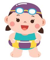 A cheerful young girl wearing a swimsuit, swimming cap, and goggles, holding a colorful float ring, ready for a fun day at the pool or beach. vector