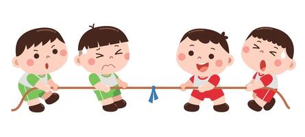 A fun and energetic illustration of four young boys participating in a tug-of-war game. vector