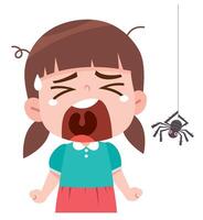 Scared Girl Crying at the Spider. Fearful expression. vector