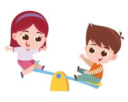 A cheerful digital illustration of a boy and girl joyfully playing on a seesaw at the playground. vector