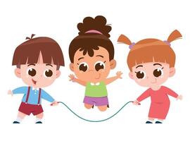 A fun and lively digital illustration of three happy children playing jump rope together. vector