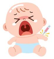 Adorable yet expressive cartoon illustration of a baby crying while receiving a vaccine injection in the arm. vector