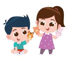 A delightful digital illustration of a boy and girl happily playing with hand puppets. vector
