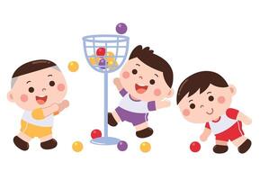 A cheerful and playful illustration of three young boys participating in a ball toss game. vector