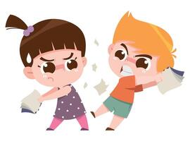 A dynamic and expressive digital illustration of two children engaged in an intense argument, aggressively pulling and tearing papers. vector