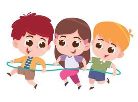 A fun and energetic digital illustration of three happy children playing together with a hula hoop. vector