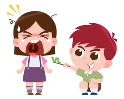 A digital illustration of a mischievous boy playing a prank on a scared girl by holding up a small green worm. vector