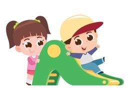 A joyful digital illustration of a boy and girl having fun on a playground slide. The boy excitedly slides down while the girl waits happily behind him. vector