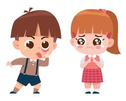 A digital illustration of a young boy whispering a secret while a girl looks nervous and worried. vector