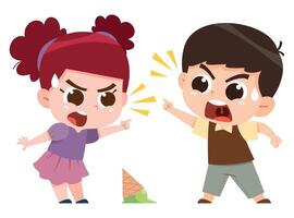 A digital illustration depicting two children angrily arguing and pointing at each other over a fallen ice cream cone. vector