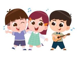 A delightful digital illustration of three happy children enjoying music together. One child is playing the guitar while the others sing and dance joyfully. vector