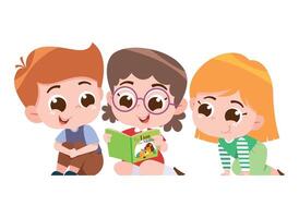 A delightful digital illustration of three children sitting together, happily reading a book. vector