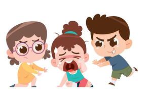 A digital illustration depicting a dramatic bullying scene between three children. vector