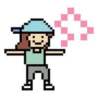 8 bit design of lady girl woman female dance exercise with music listen pixel art. vector