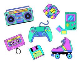 80s-90s style. Art style elements set with disco equipment and retro objects in colorful vintage style. Boombox, game joystick, roller skates, diskette, game console vector