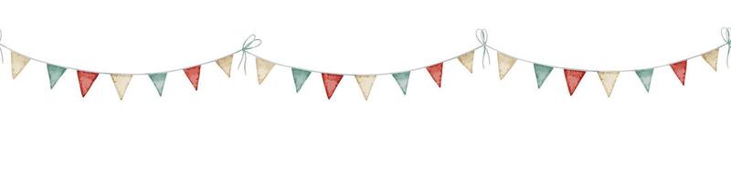 Watercolor Garland border with colorful bunting flags in red, green, and golden tones. Illustration of seamless Pattern for circus or carnival designs. Art of bunting for childish festive decorations. vector