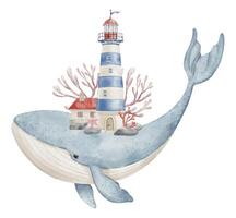 Watercolor illustration of Whale carrying a whimsical Lighthouse on its back, adorned with coral. Drawing of Light House and underwater animal for childish design in fantasy and marine style. vector