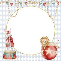 Watercolor illustration of Template for Baby shower invitation with Circus animals. Drawing of circular Frame with lion on a ball and a rabbit performer. Carnival Border for childish party decoration. vector
