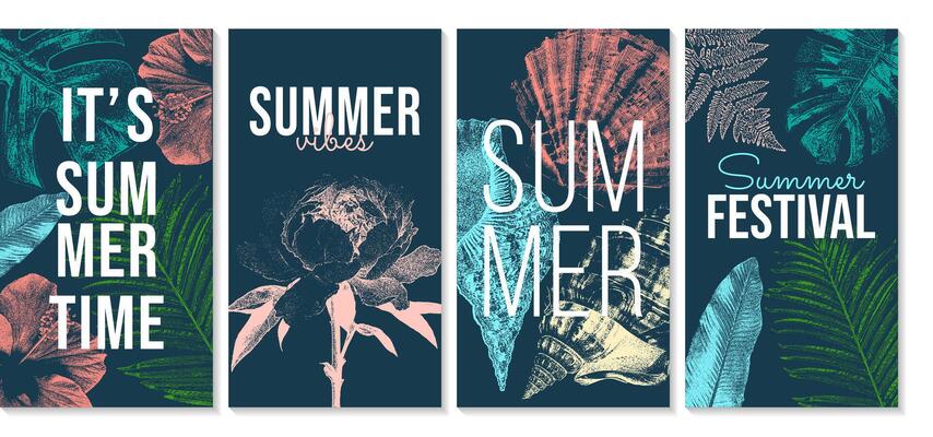 Vintage summer posters set with photocopy effect, navy blue, coral, aqua, green color scheme. Perfect for event promotions, beach party flyers, seasonal branding, travel ads, and retro tropical decor