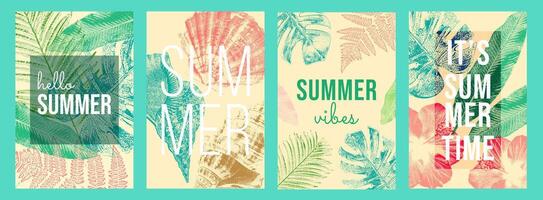 Set of tropical summer posters with photocopy effect. Vintage botanical design with palm leaves, seashells, and hibiscus. Retro color palette of green, coral, and beige. Perfect for prints, decor, ads vector