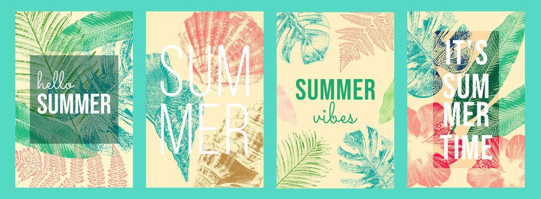 Set of tropical summer posters with photocopy effect. Vintage botanical design with palm leaves, seashells, and hibiscus. Retro color palette of green, coral, and beige. Perfect for prints, decor, ads