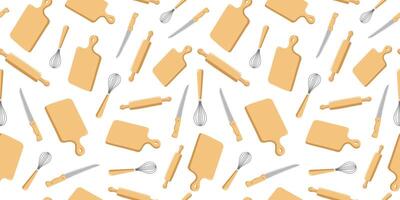 Set of cutlery and tools. Wooden board and knife for cutting products in the kitchen. Pattern seamless, repeating background. Rolling pin and whisk for dough. Cooking. vector