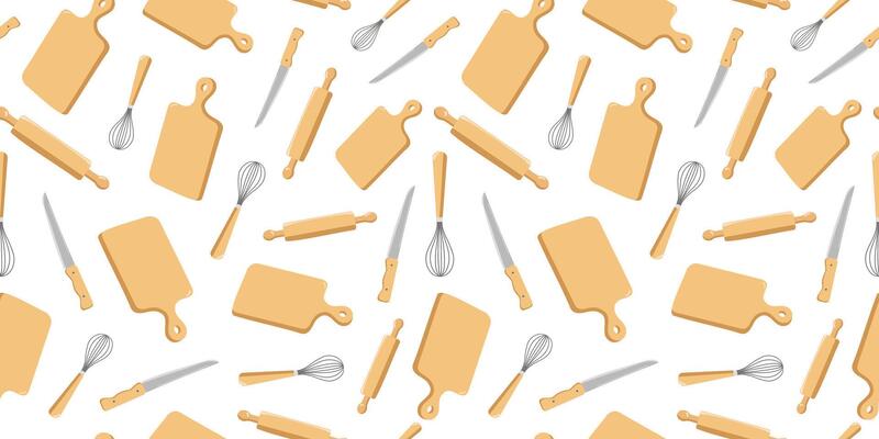 Set of cutlery and tools. Wooden board and knife for cutting products in the kitchen. Pattern seamless, repeating background. Rolling pin and whisk for dough. Cooking.