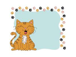 Cartoon funny cat and footprints, paw prints. Frame, border with pet, kitten. Place for text, postcard design, information banner. Funny laughing cat, doodle illustration, isolated background. vector