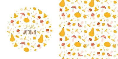 Set of cozy autumn seamless pattern and hello autumn circle frame card with fall seasonal elements - pumpkin, mushrooms, leaves. Cute hand drawn flat cartoon illustration vector