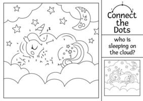 dot-to-dot and color activity with unicorn sleeping on cloud. Fairytale connect the dots game for children with cute fantasy animal. Magic world coloring page for kids. Printable worksheet vector