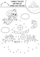 dot-to-dot and color activity with fairy and house on cloud. Fairytale connect the dots game for children with cute fantasy princess. Magic world coloring page for kids. Printable worksheet vector